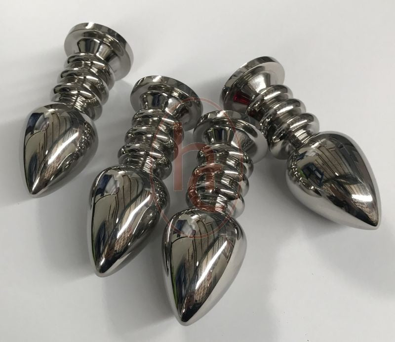 Hells Couture Ribbler Metal Jeweled Large Anal Plug Triple Ribbed Steel - - Breast and Nipple Toys