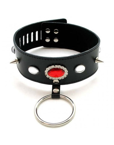 BDStyle Jewelled Fetish Collar With O Ring Red Jewel Lockable Design - Collars and Leads