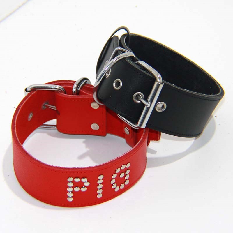 Hells Couture Pigs Leather BDSM Collar Red Leather with Silver Studs - - Collars and Leads