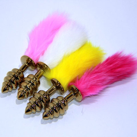 BDStyle Rabbit Faux Tail Ribbed Butt Plug Gold Large Metal Anal Sex Toy - G-Spot Vibrators