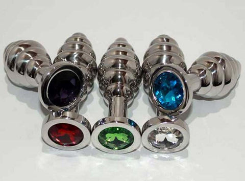 Hells Couture Ribbed Jewelled Large Butt Plug Medical Grade Steel - Steel Sex Toys