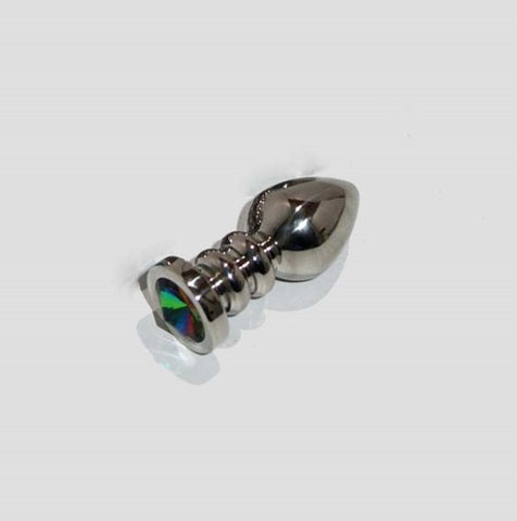 Hells Couture Ribbler Metal Jeweled Small Butt Plug Triple Ribbed Steel - Steel Sex Toys