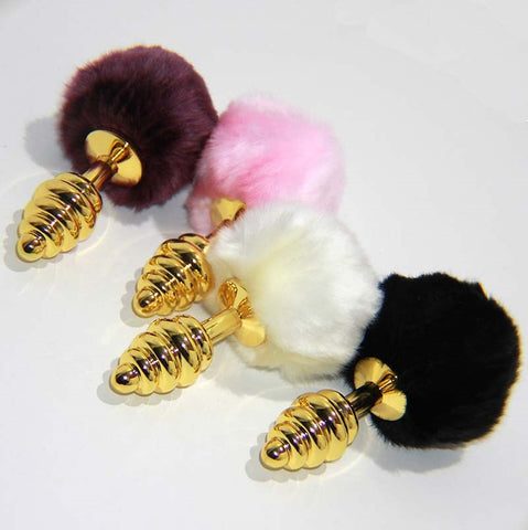Hells Couture Scuttle Butt Ribbed Butt Plug in Gold with Faux Rabbit Tail - Steel Sex Toys