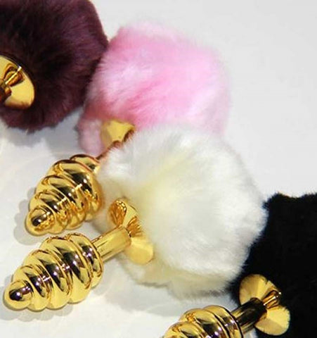 Hells Couture Scuttle Butt Ribbed Butt Plug in Gold with Faux Rabbit Tail - Steel Sex Toys