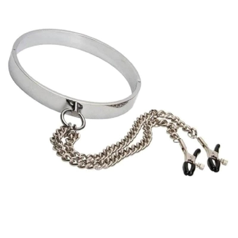 BDStyle Breast Teasing Metal Collar & Peg Clamps Adjustable Bondage Set - Collars and Leads