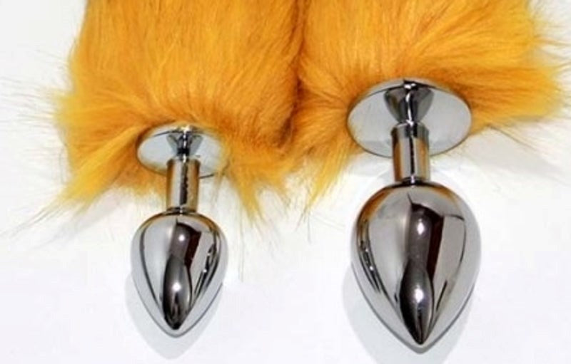 BDStyle Canid Orange Faux Fox Tail Smooth Silver Butt Plug for Anal Play - - Steel Sex Toys