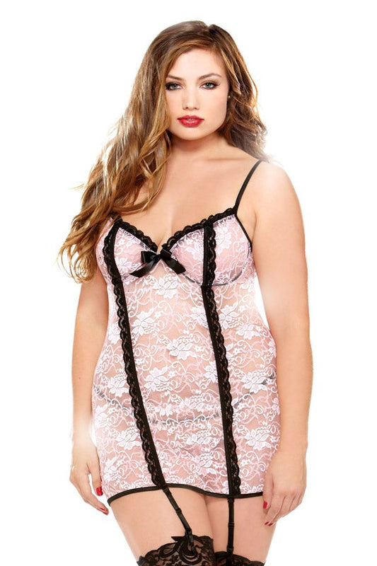 Fantasy Lingerie Curve Chemise & Matching Thong & Ribbon with Underwire Cups - - Babydolls and Chemises