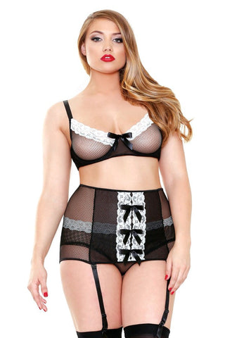 Fantasy Lingerie CURVE Fishnet & Lace Bra & Garter Belt Set with Underwire - Fancy Dress Ups
