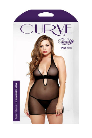 Fantasy Lingerie Curve Mesh Buckle Dress & G String Deep V Neckline - Babydolls and Chemises