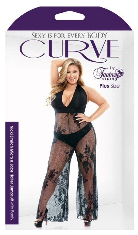 Fantasy Lingerie Curve Nicki Stretch Lace Halter Jumpsuit with Halter Tie - - Bras and Bra Sets