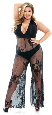 Fantasy Lingerie Curve Nicki Stretch Lace Halter Jumpsuit with Halter Tie - Bras and Bra Sets