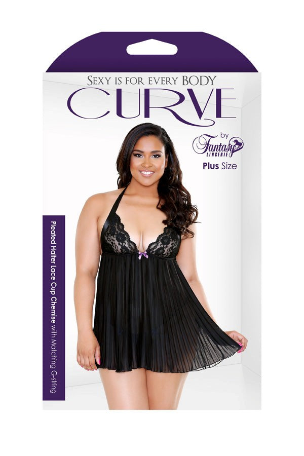 Fantasy Lingerie Curve Pleated Lace Cup Chemise with G String Lace Set - - Bras and Bra Sets