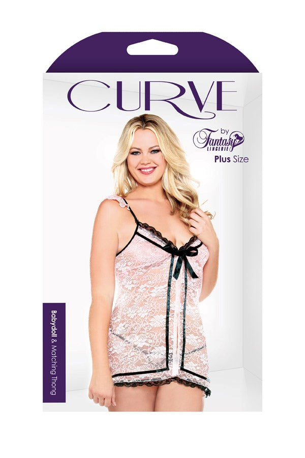 Fantasy Lingerie Curve Ribbon Front Babydoll & G string with Snap Closure - - Babydolls and Chemises