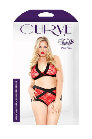 Fantasy Lingerie Curve Two Tone Lace Peek A Boo Cutout Bralette Set - Bras and Bra Sets