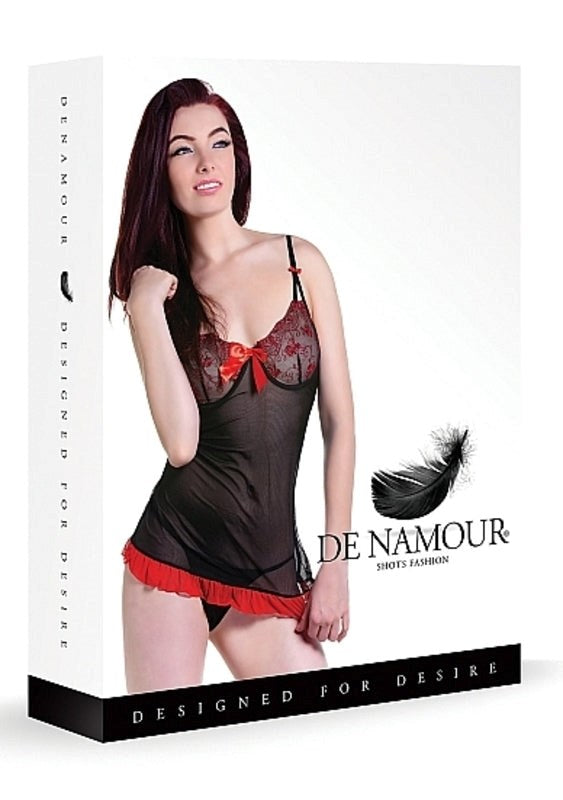 Shots Toys De Namour Black/Red Babydoll & G String Sheer Lace Lingerie - - Babydolls and Chemises