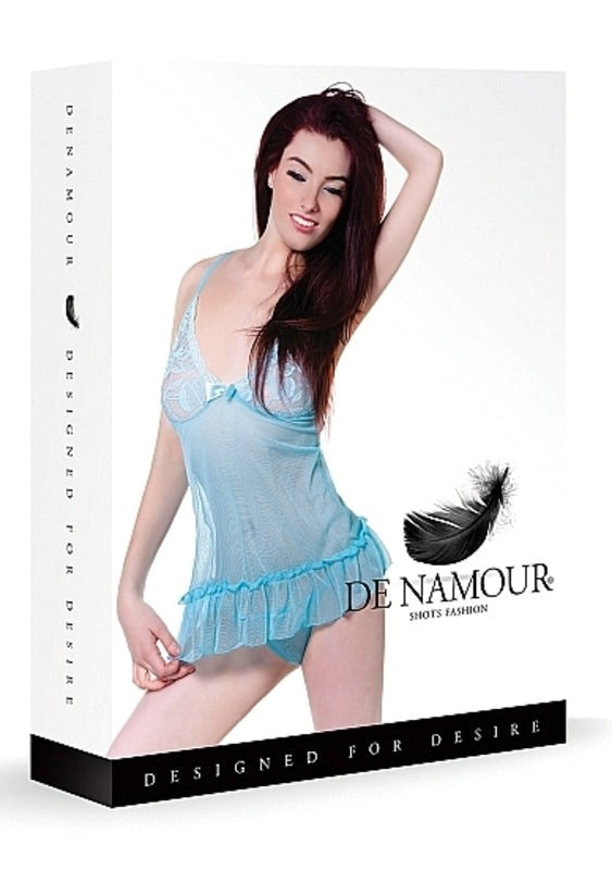 Shots Toys De Namour Blue Babydoll & G String Sheer Lace Lingerie - - Babydolls and Chemises