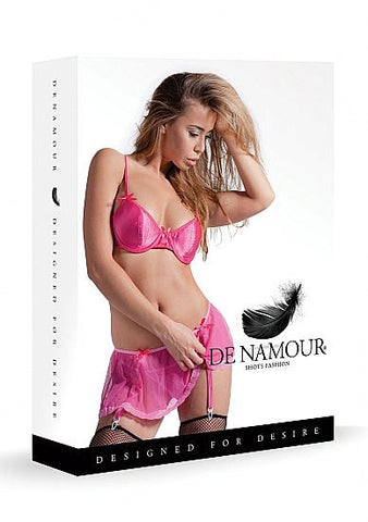 Shots Toys De Namour Pink Set with Bra Garter Skirt and G String Lingerie - Bras and Bra Sets
