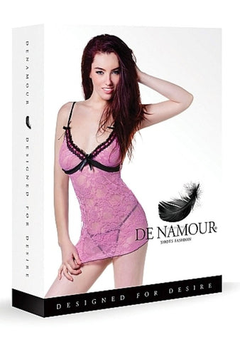 Shots Toys De Namour Pink/Black Babydoll & G String Floral Lace Lingerie - Babydolls and Chemises