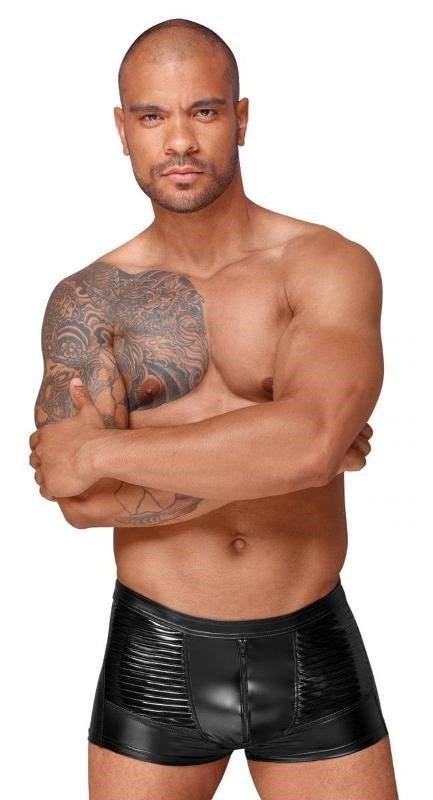 Noir Handmade Decadence Powerwetlook Mens Shorts with Decorative PVC Pleats - - Jocks and G-Strings