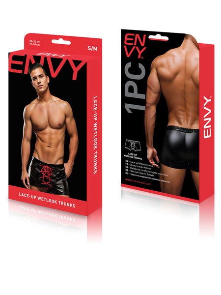 Envy Menswear Lace Up Wetlook Trunks Black Red with Adjustable Front Design - - Mens Briefs And Boxers