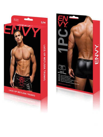 Envy Menswear Lace Up Wetlook Trunks Black Red with Adjustable Front Design - Mens Briefs And Boxers