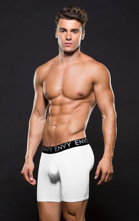 Envy Menswear Micro LowRise Logo Athletic Long Boxer White Premium Comfort - - Jocks and G-Strings