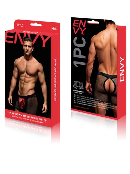 Envy Snap Down Mesh Boxer Brief Black Red Snap Access Breathable Mesh - - Mens Briefs And Boxers