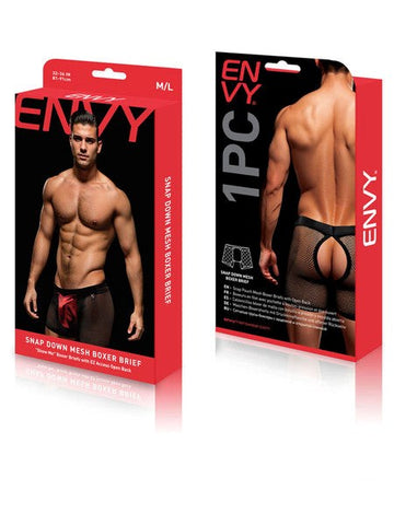 Envy Snap Down Mesh Boxer Brief Black Red Snap Access Breathable Mesh - Mens Briefs And Boxers