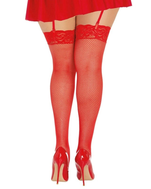 Dream Girl Lingerie Fishnet Thigh High Stockings With Lace Top Red Stay Up - Hosiery