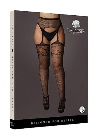 Shots Toys Garterbelt Stockings With Lace Top Black with Lace Detail - Hosiery