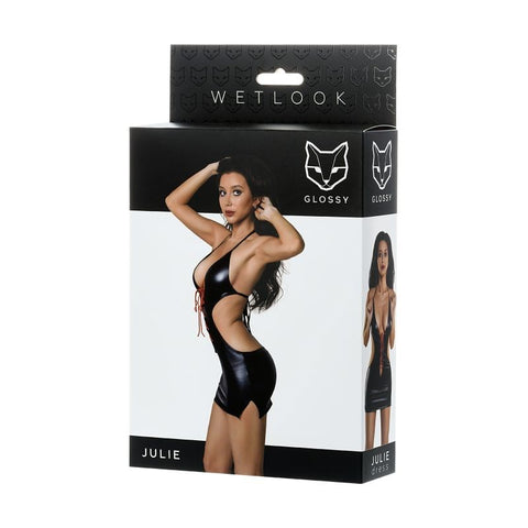 Glossy Sleek and Stylish Wetlook Dress Julie with Red Lace Accents - Bras and Bra Sets