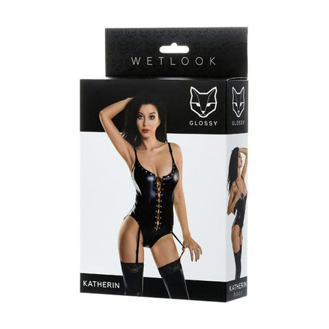 Glossy Wetlook Lace Up Bodysuit Katherin Adjustable Fit High Gloss Finish - Her Fetish