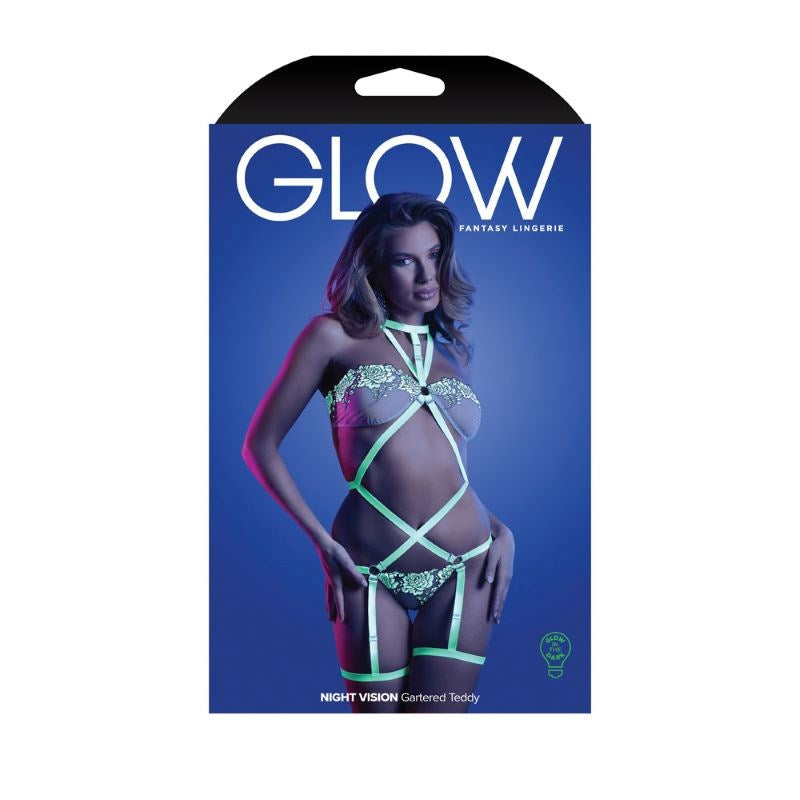 Fantasy Lingerie Luminous Allure Glow Night Vision Gartered Teddy - - Babydolls and Chemises