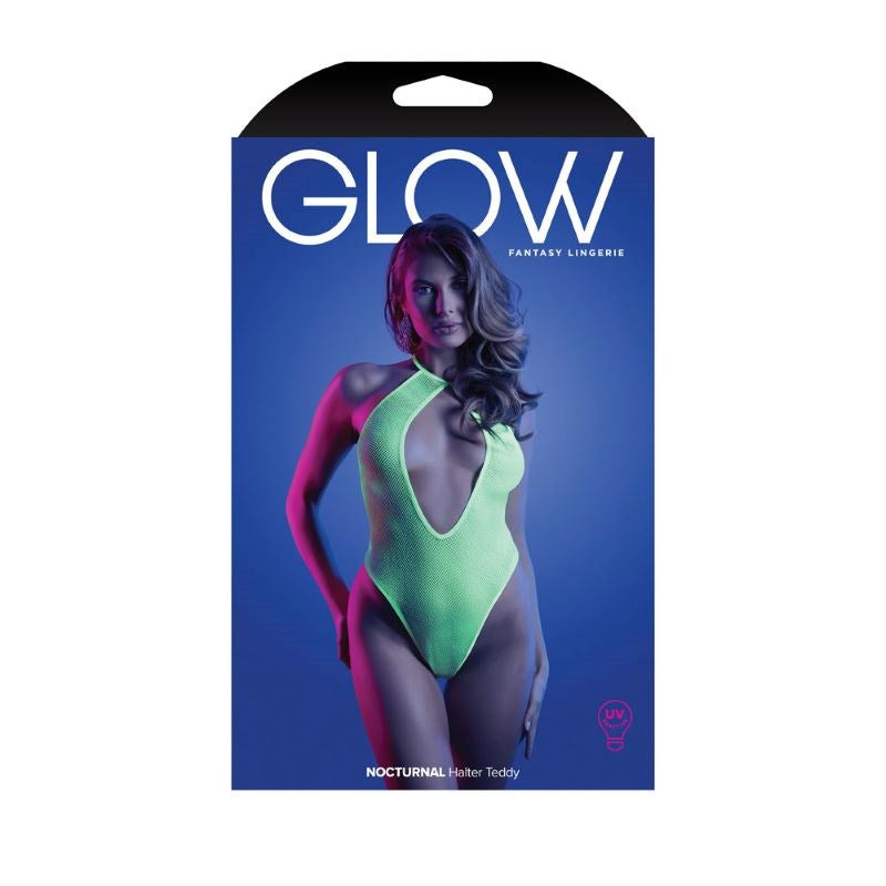 Fantasy Lingerie Glow Nocturnal Halter Teddy UV Reactive Lingerie - - Babydolls and Chemises