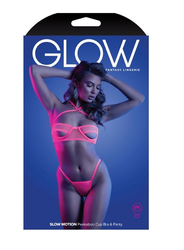 Fantasy Lingerie Glow Slow Motion Peek A Boo Bra & Panty UV Reactive Set - - Bras and Bra Sets