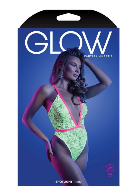 Fantasy Lingerie Glow Spotlight Teddy UV Reactive Neon Green Lingerie - - Babydolls and Chemises