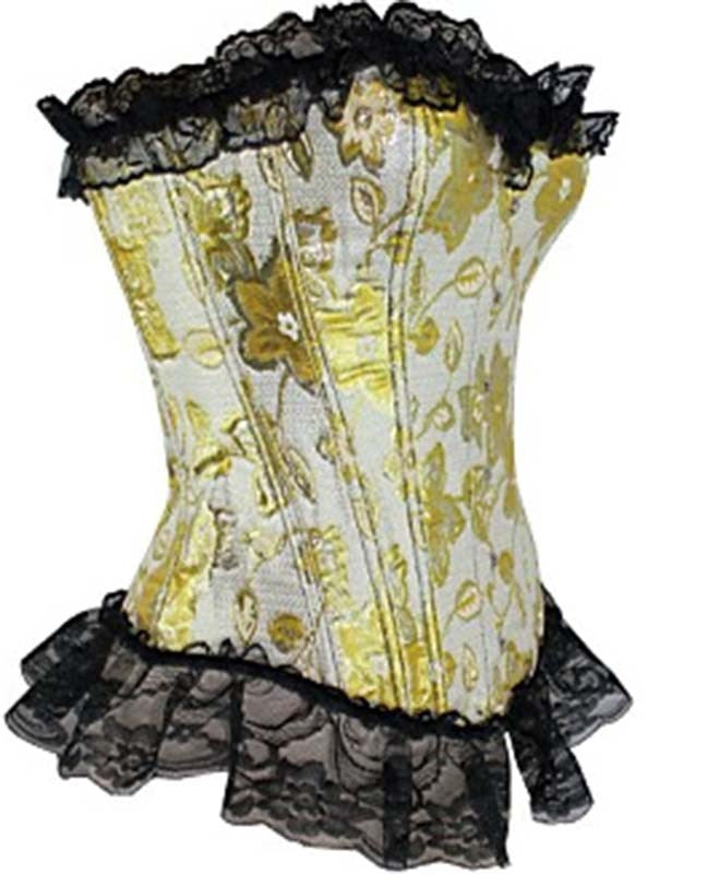 Ella Bidoe Gold and Black Floral Corset & G String Lace Up Design - - Bustiers and Corsets