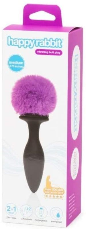 Love Honey Happy Rabbit Rechargeable Vibrating Bunny Tail Butt Plug 12 Speeds - - Anal Vibrators