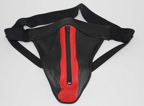 Hells Couture JAX Leather Jocks Black & Red with Front Zipper Access - Jocks and G-Strings