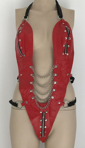 Hells Couture Ladies BDSM One Piece Red Leather Outfit with Zippers - Her Fetish