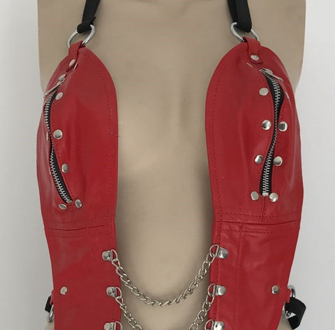 Hells Couture Ladies BDSM One Piece Red Leather Outfit with Zippers - Her Fetish