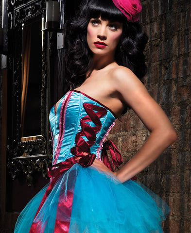 Leg Avenue Mariela Corset Turquoise Satin Steel Boned Waist Training - Fancy Dress Ups