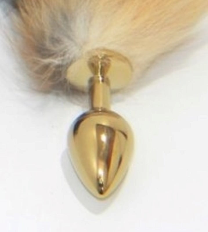 BDStyle Long Fox Tail Steel Butt Plug Gold with Faux Red Fox Fur Tail - Steel Sex Toys