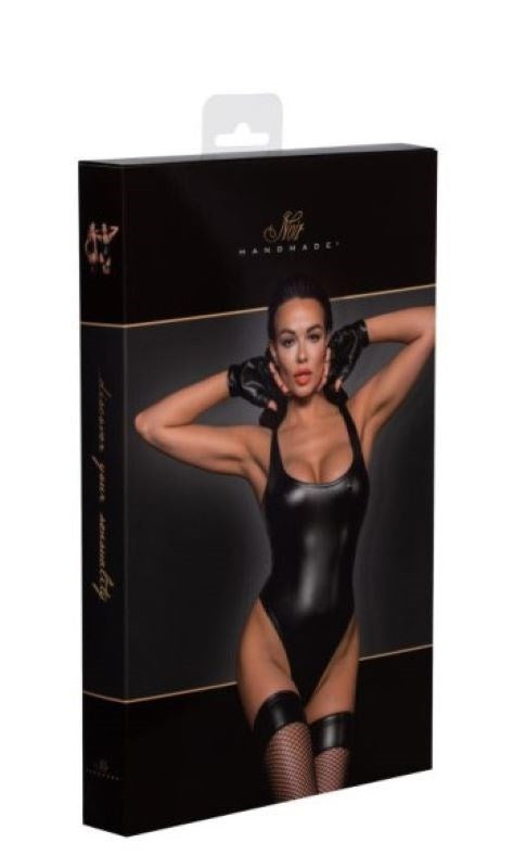 Noir Handmade Wetlook Fetish Bodysuit High Cut Leg Design for Confidence - Her Fetish