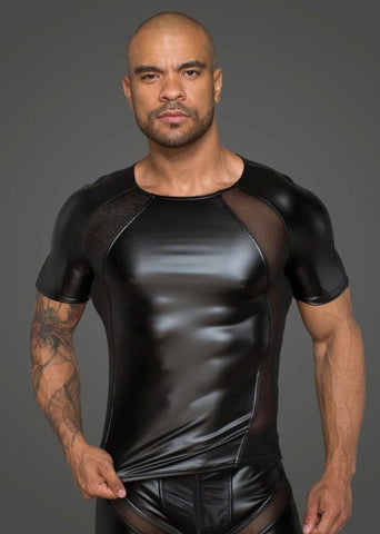 Noir Handmade Power Wetlook Men T shirt With 3D Net Fetish Wear - Mens Briefs And Boxers