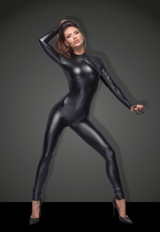 Noir Handmade Sleek Wetlook Overall with Leash Accessory and Two Way Zipper - Her Fetish