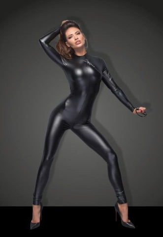 Noir Handmade Sleek Wetlook Overall with Leash Accessory and Two Way Zipper - Her Fetish