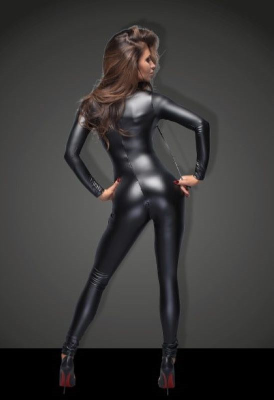 Noir Handmade Sleek Wetlook Overall with Leash Accessory and Two Way Zipper - Her Fetish