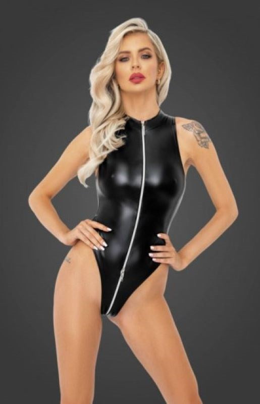 Noir Handmade Powerwetlook Body with Front Zipper High Shine Bodysuit - - Her Fetish