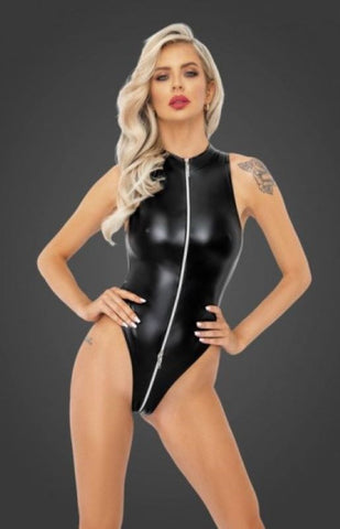 Noir Handmade Powerwetlook Body with Front Zipper High Shine Bodysuit - Her Fetish